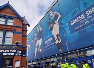 Could Dixie Dean’s 97-year record finally be beaten? Outside Goodison Park showing Dixie Dean. Photo by Jack Cheseldine