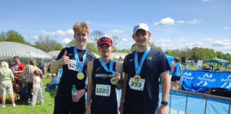 Photo of Kris (Left) Ben (Centre) and Matthew) after completing the Chester marathon, their most recent event they ran together. Photo by Mette Hjelm