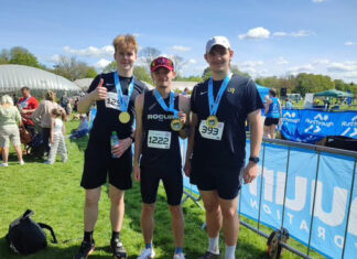 Photo of Kris (Left) Ben (Centre) and Matthew) after completing the Chester marathon, their most recent event they ran together. Photo by Mette Hjelm