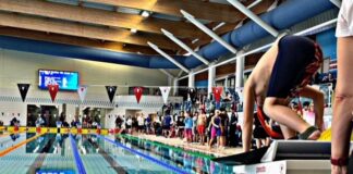 Competitor taking stance before the 100m Super Lifesaver race at the RASCALS meet. Pic by Aled James.