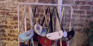A selection of Pitch to Pouch bags and pouches showcased at the Get Your Kits Out festival.