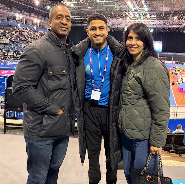 Rio (middle) standing in-between both his parents at the British Championships in Birmingham. Pic by Aled James.