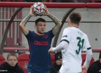 Kieran Trippier taking a throw in Vs Lokomotiv Moskow. Pic by Anton Zaitsev CC 3.0