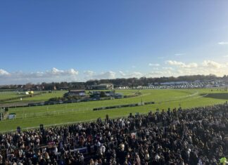 Aintree racegoers watch on during first meeting on the new season. Photo by Alex Roberts.