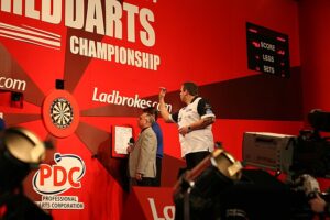 Adrian Lewis playing in the Darts World Championship / Image from Chris Ibbotson on Wikimedia Commons