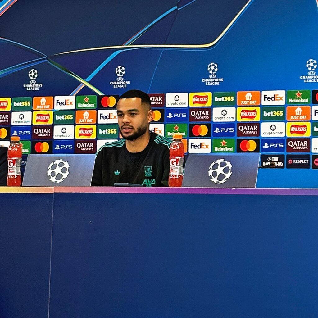 Cody Gakpo speaking to the media ahead of Liverpool vs PSV Eindhoven in UEFA Champions League GW5. Pic by Aled James