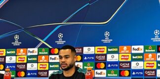 Cody Gakpo speaking to the media ahead of Liverpool vs PSV Eindhoven in UEFA Champions League GW5. Pic by Aled James