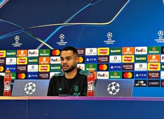 Cody Gakpo speaking to the media ahead of Liverpool vs PSV Eindhoven in UEFA Champions League GW5. Pic by Aled James