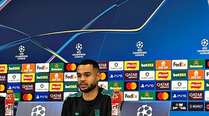 Cody Gakpo speaking to the media ahead of Liverpool vs PSV Eindhoven in UEFA Champions League GW5. Pic by Aled James