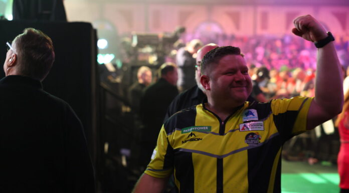 James Hurrell celebrating after knocking out Stephen Bunting. Photo by Alex Parker.