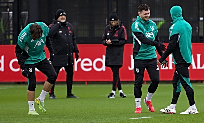 Andy Robertson and Liverpool team mates in training - by Elsa Wiedfeld