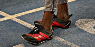 Close-up shot of Ruachkuoth Ter before the semi-final of the 200m in the Northern Indoor Championships. Pic by Aled James.