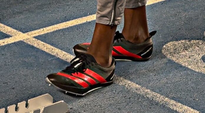 Close-up shot of Ruachkuoth Ter before the semi-final of the 200m in the Northern Indoor Championships. Pic by Aled James.