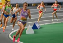 Keely Hodgkinson at the 2023 European Indoor Championships in Istanbul Attribute Erik van Leeuwen (bron: Wikipedia) GNU Free Documentation License, Version 1.2