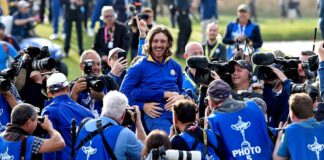 Tommy Fleetwood celebrating at the Ryder Cup