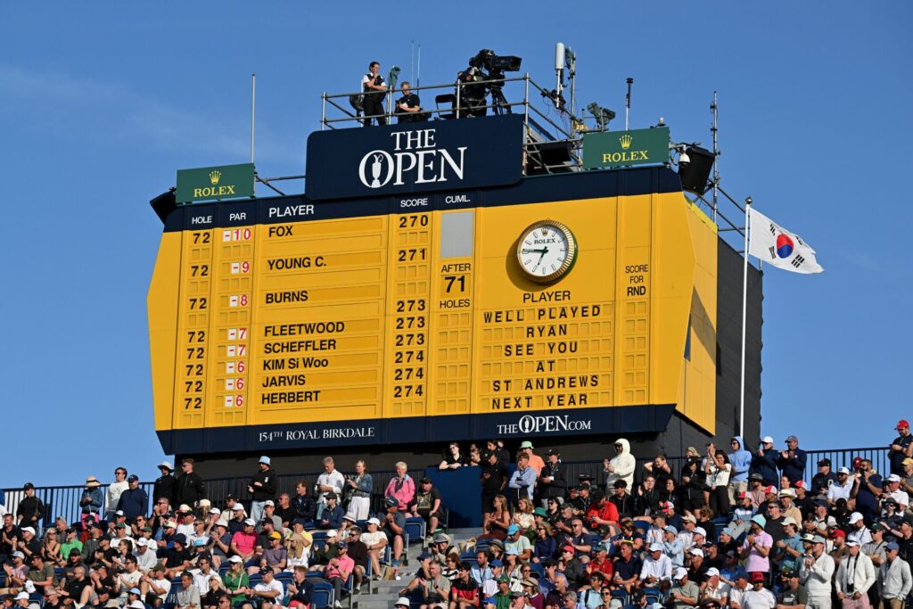 A general view of the 18th green scoreboard displaying the final score of winner Ryan Fox of New Zealand during Day Four of the The 154th Open Championship at Royal Birkdale on July 19, 2026 in Southport, England. (Photo by Stuart Franklin/R&A/R&A via Getty Images)